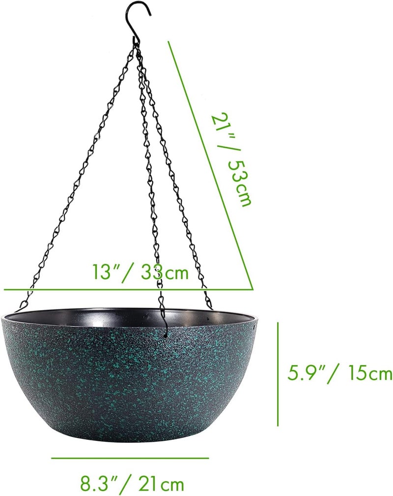 WOUSIWER 13 inch 2 Pack Large Hanging Planters for Indoor Outdoor Plants with Drainage Holes and Chain, Round Hanging Flower Pots for Garden Home Porch Decor, Black with Green Speckles - Image 2